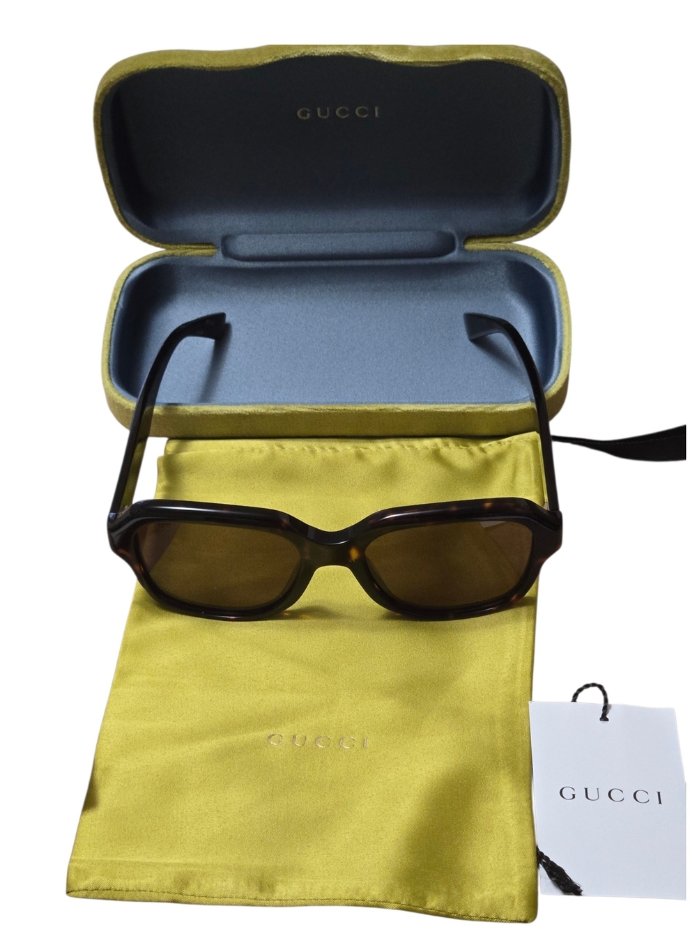 Gucci Brown Tortoiseshell Sunglasses with Yellow-Green Case and Cloth